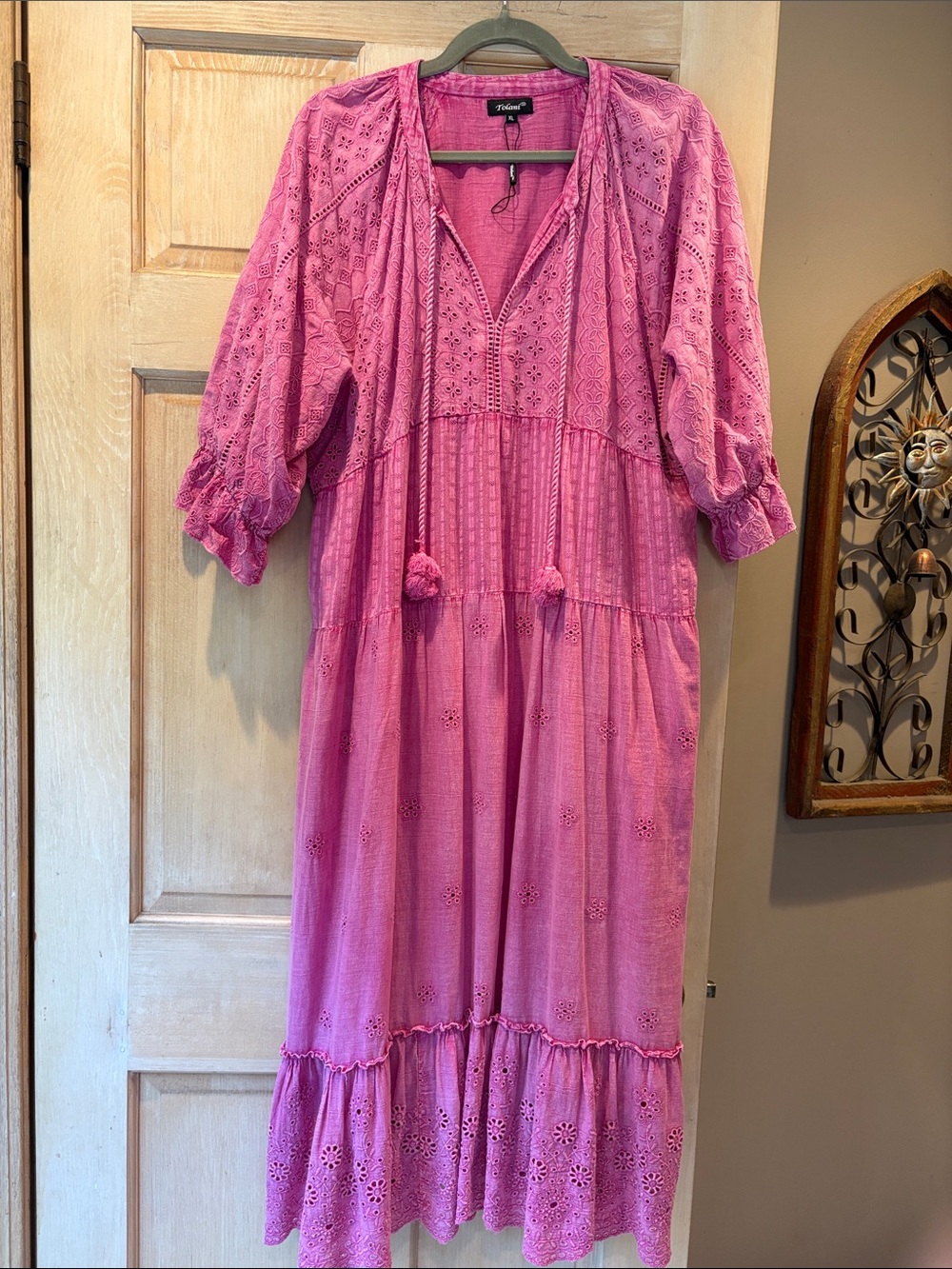 Tolani Pink Eyelet 100% Cotton Tiered Boho Dress XL